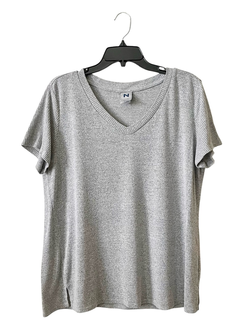 Natori Lounge Top Womens Size XL Gray Brushed Terry VNeck Soft Knit Short Sleeve